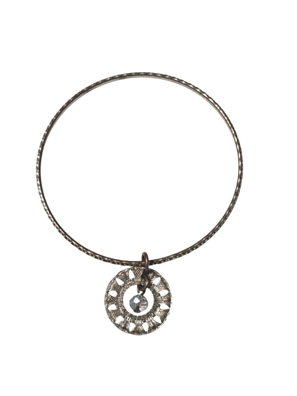 Vintage Bangle Bracelet Textured Circle Pendant Clear Bead Accent Boho Filigree